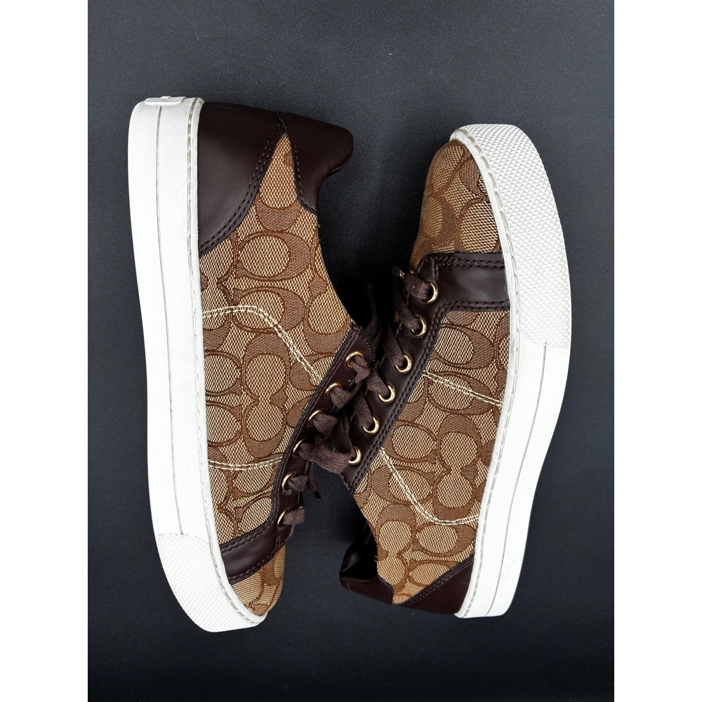Coach Paddy Womens Signature Monogram Canvas Sneakers Khaki Mahogany Brown 9B - Picture 9 of 12